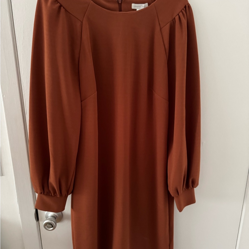 London Times Brown Pleated Sheath Dress with Bishop Sleeves
